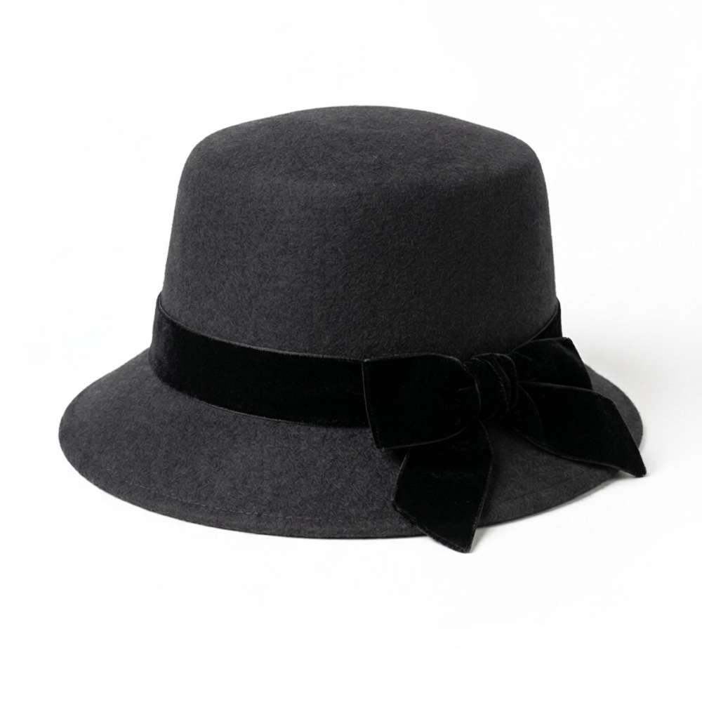 Made in Italy Black 100% Wool Cloche Bucket Hat Velvet Bow Dark Academia